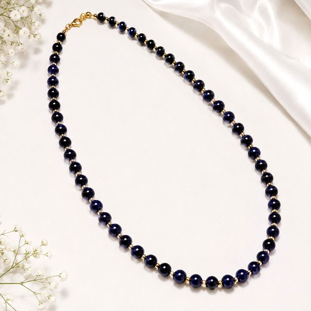 Vintage Monet Navy Blue Gold Bead Necklace 30 Inch Signed